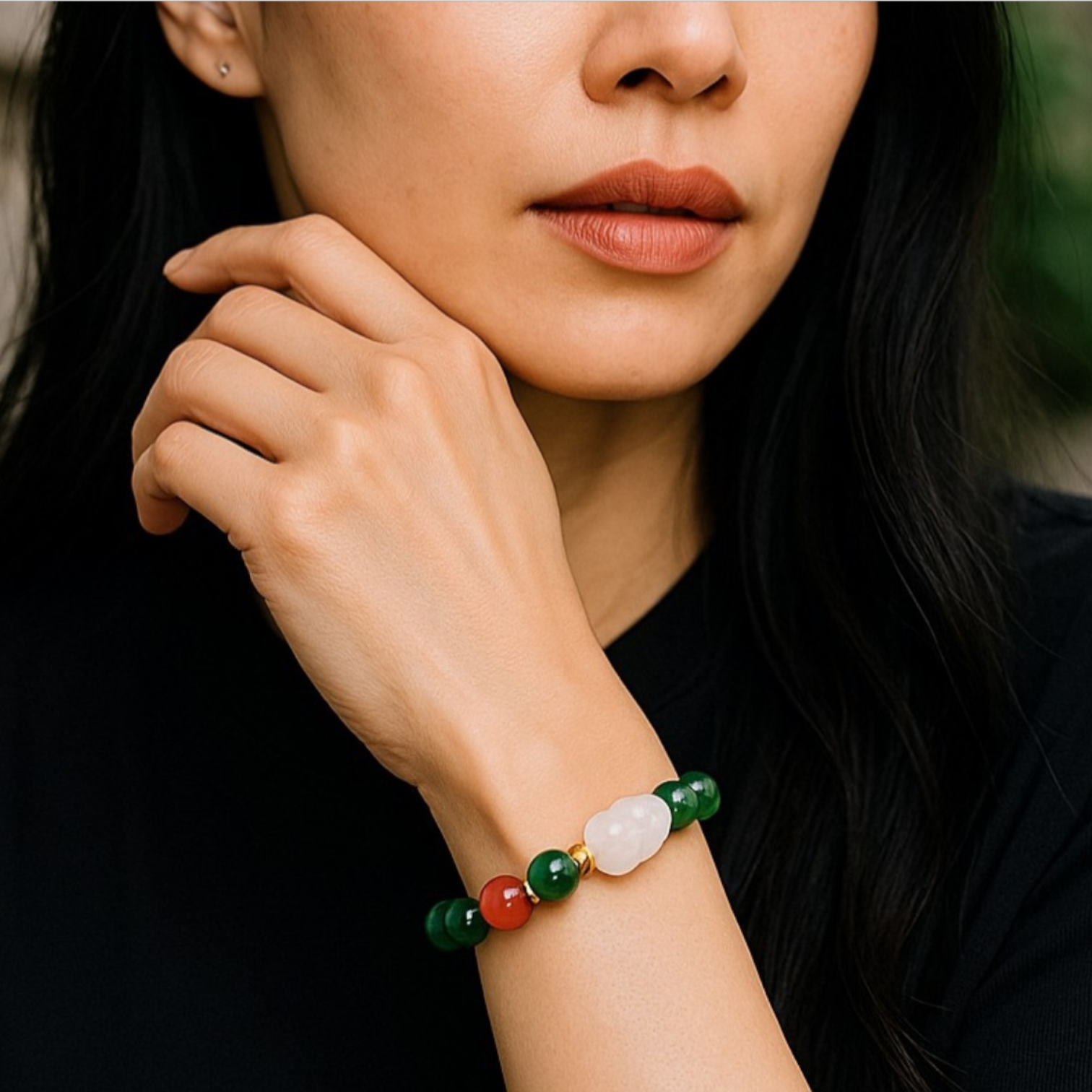 Hetian Green Jade Bracelet with South Red Agate (Nanhong) & White Jade Buddha