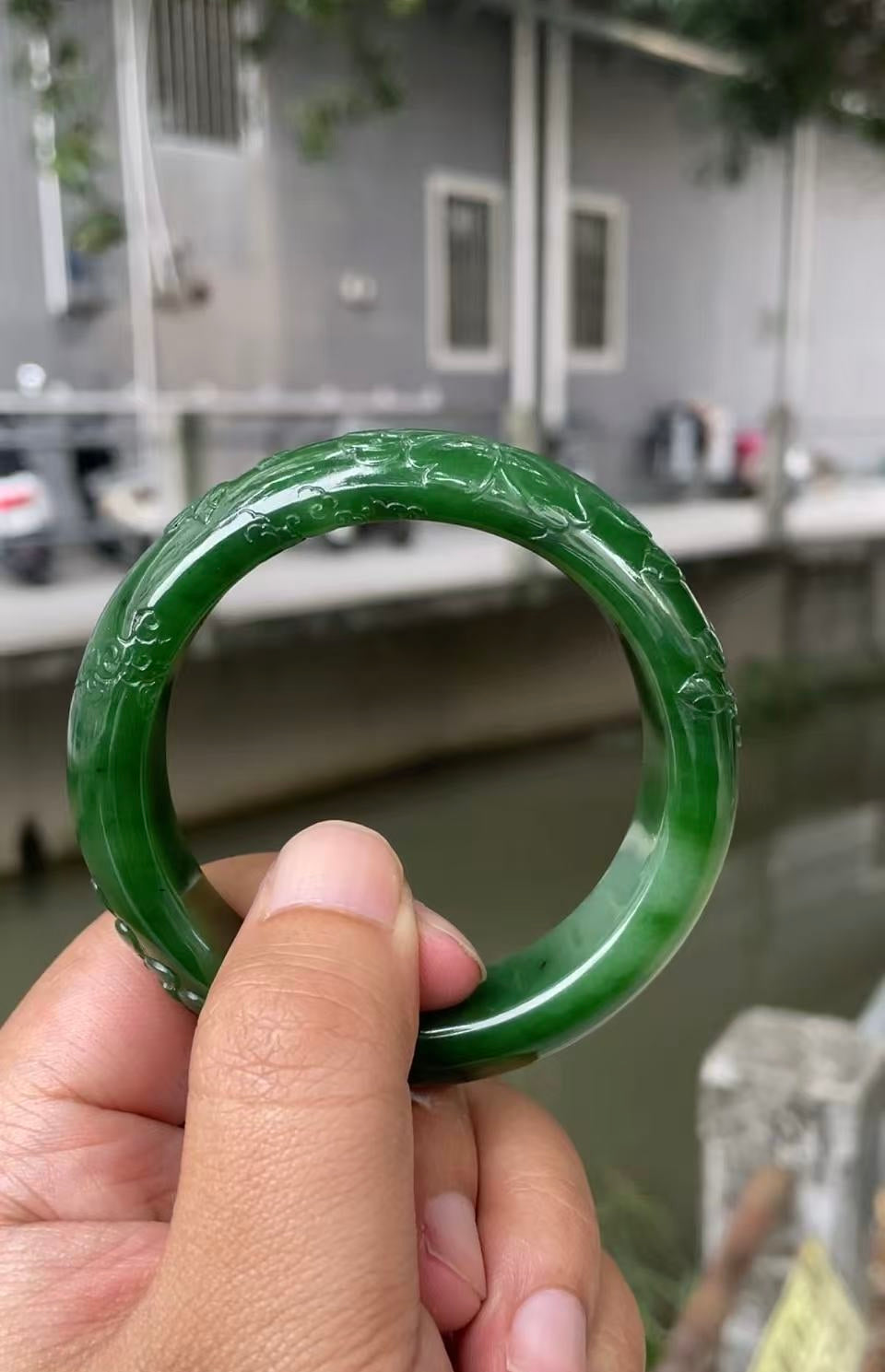 Deep Verdant – Carved Hetian Green Jade Bangle | SylviaJewel Vancouver