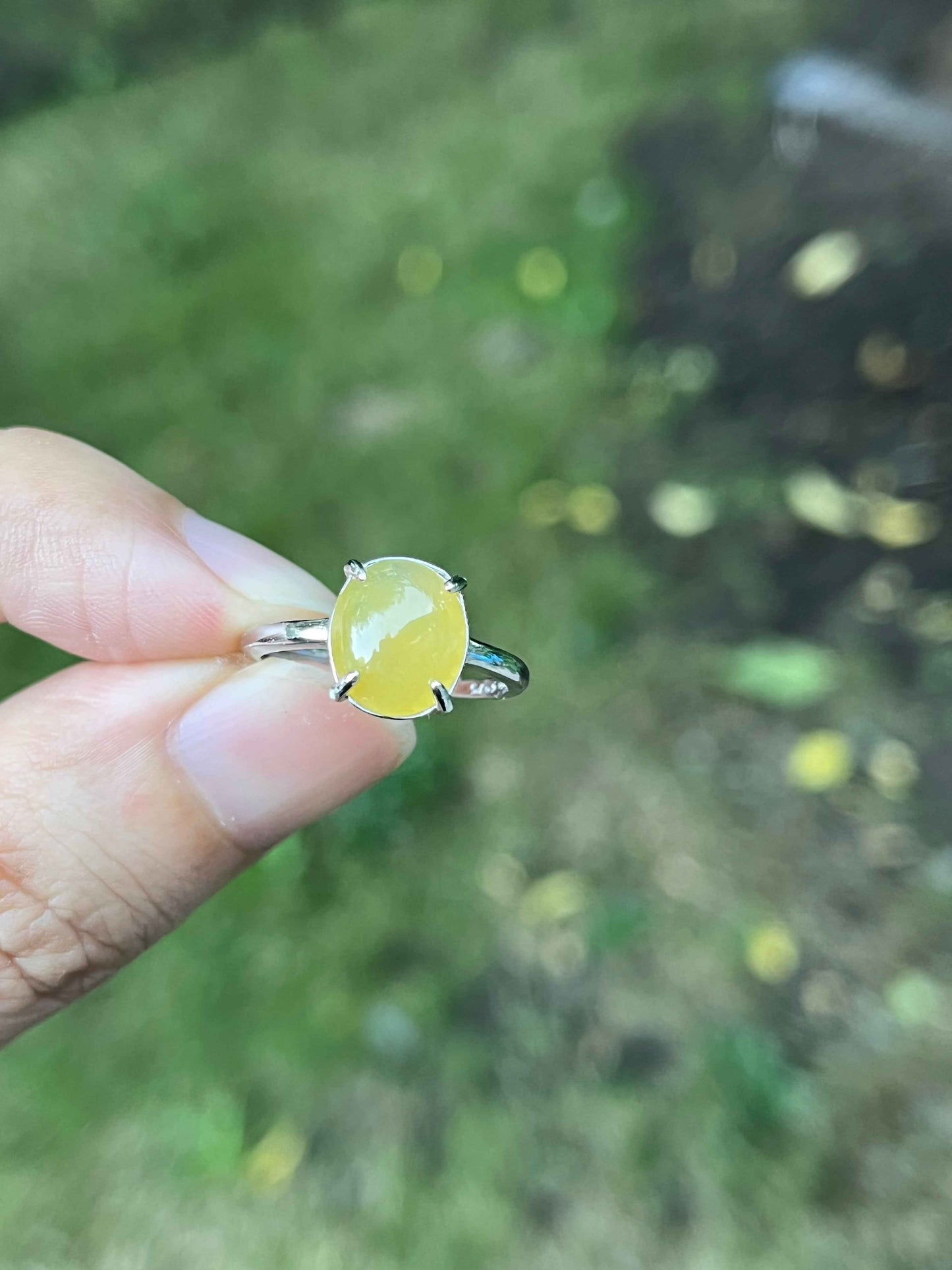 Yellow Jadeite ring with sterling sliver band