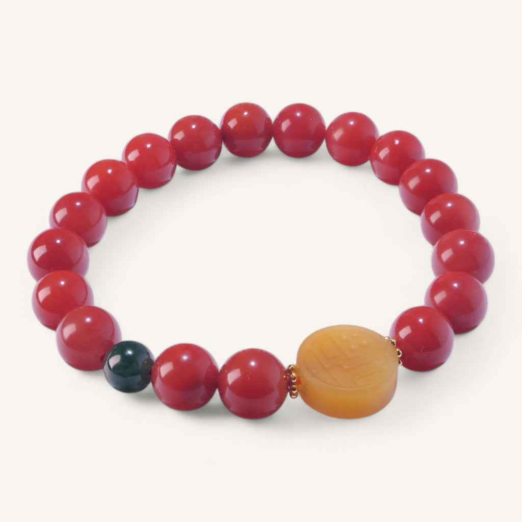 Natural South Red Agate Bracelet with Yellow Jade Center Bead – Root Chakra Healing