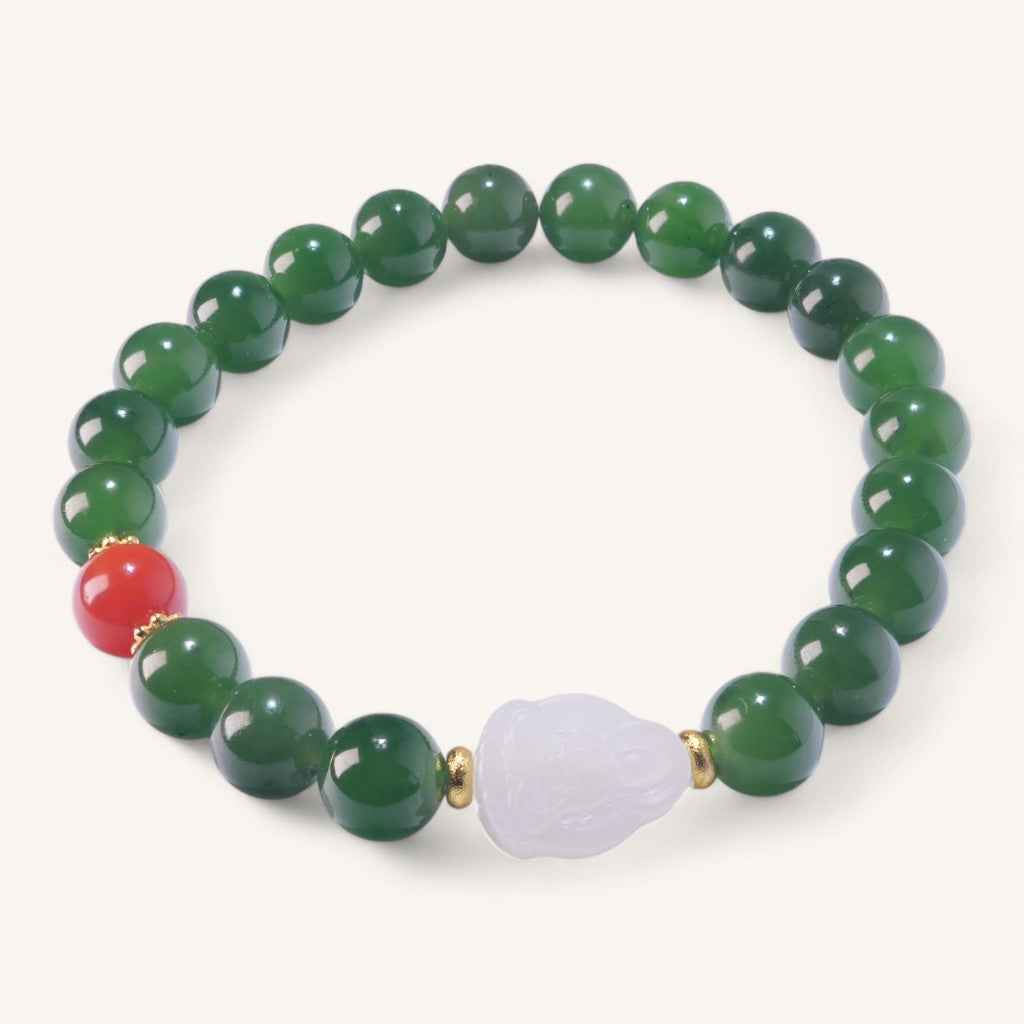 Hetian Green Jade Bracelet with South Red Agate (Nanhong) & White Jade Buddha