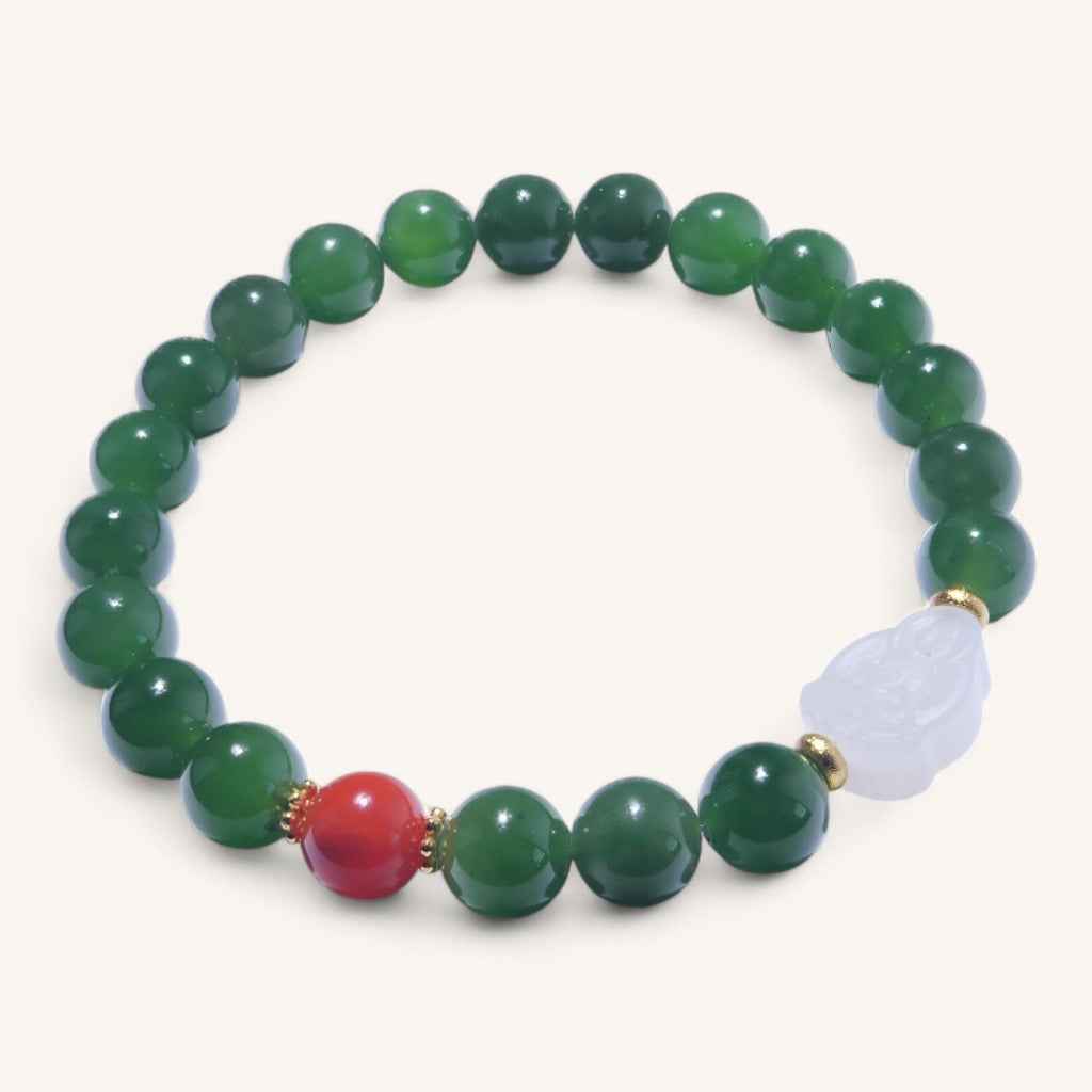 Hetian Green Jade Bracelet with South Red Agate (Nanhong) & White Jade Buddha