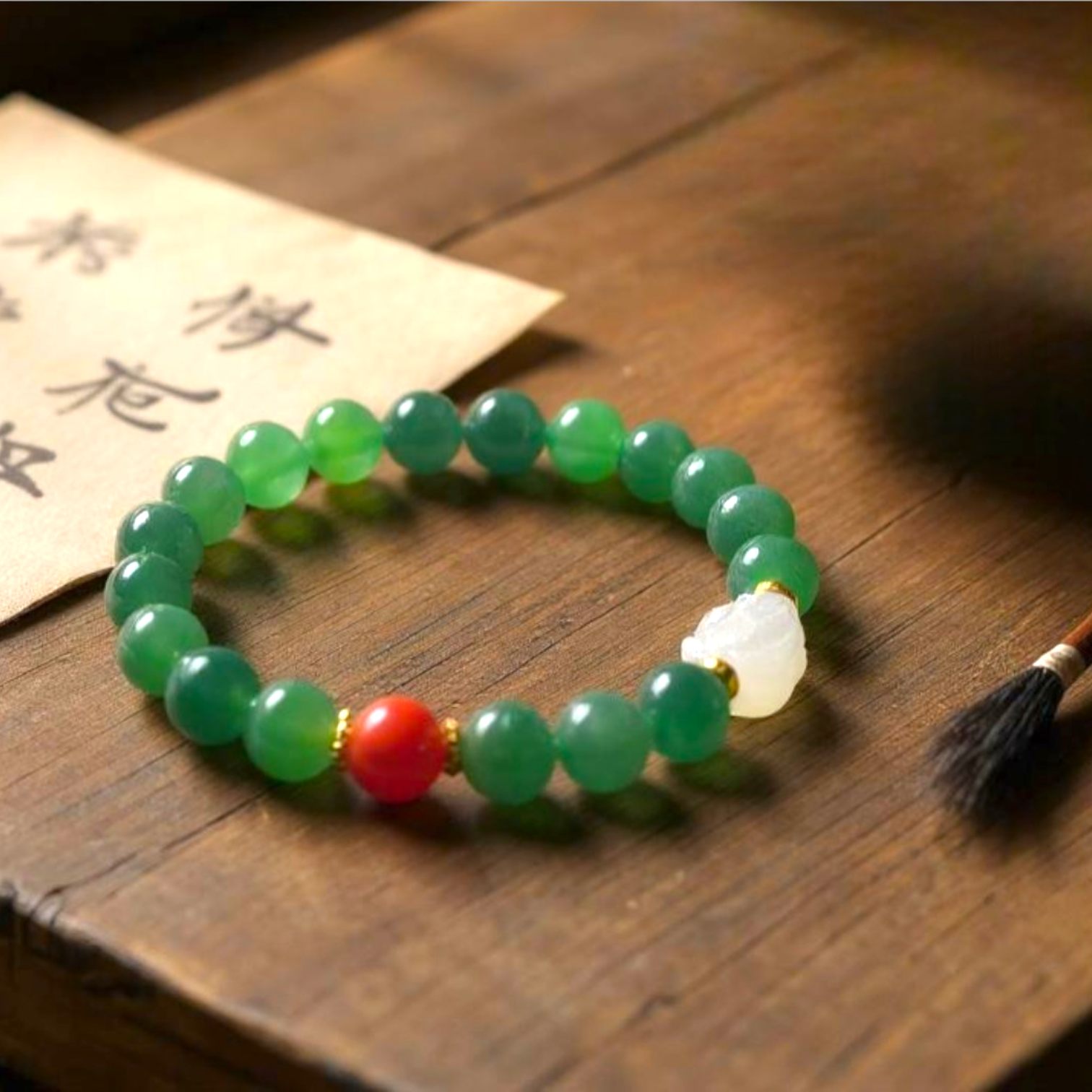 Hetian Green Jade Bracelet with South Red Agate (Nanhong) & White Jade Buddha