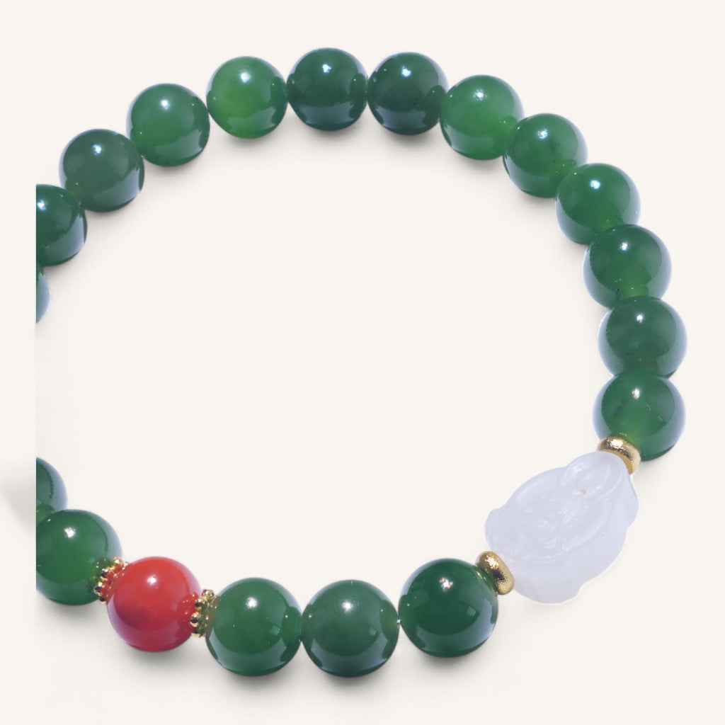 Hetian Green Jade Bracelet with South Red Agate (Nanhong) & White Jade Buddha