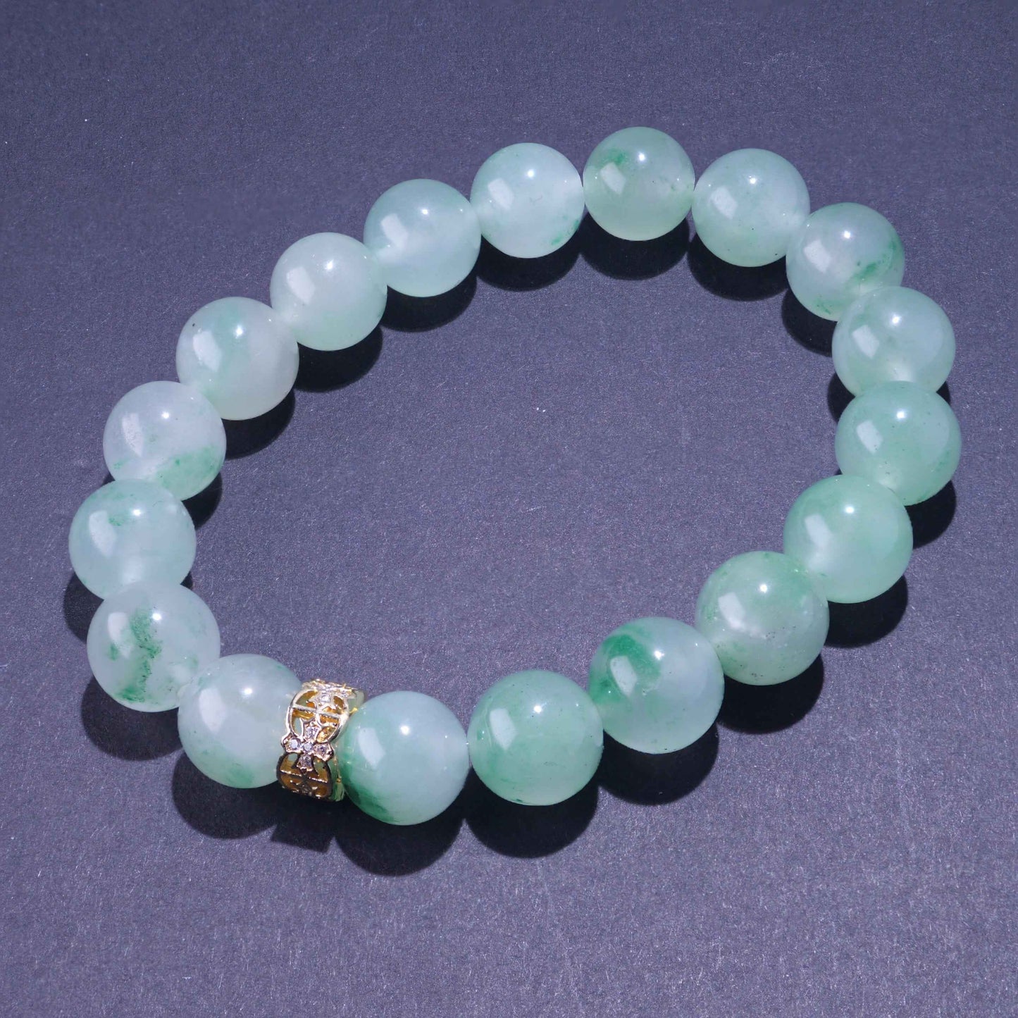 African Green Jade Beaded Bracelet with Gold-Tone Charm