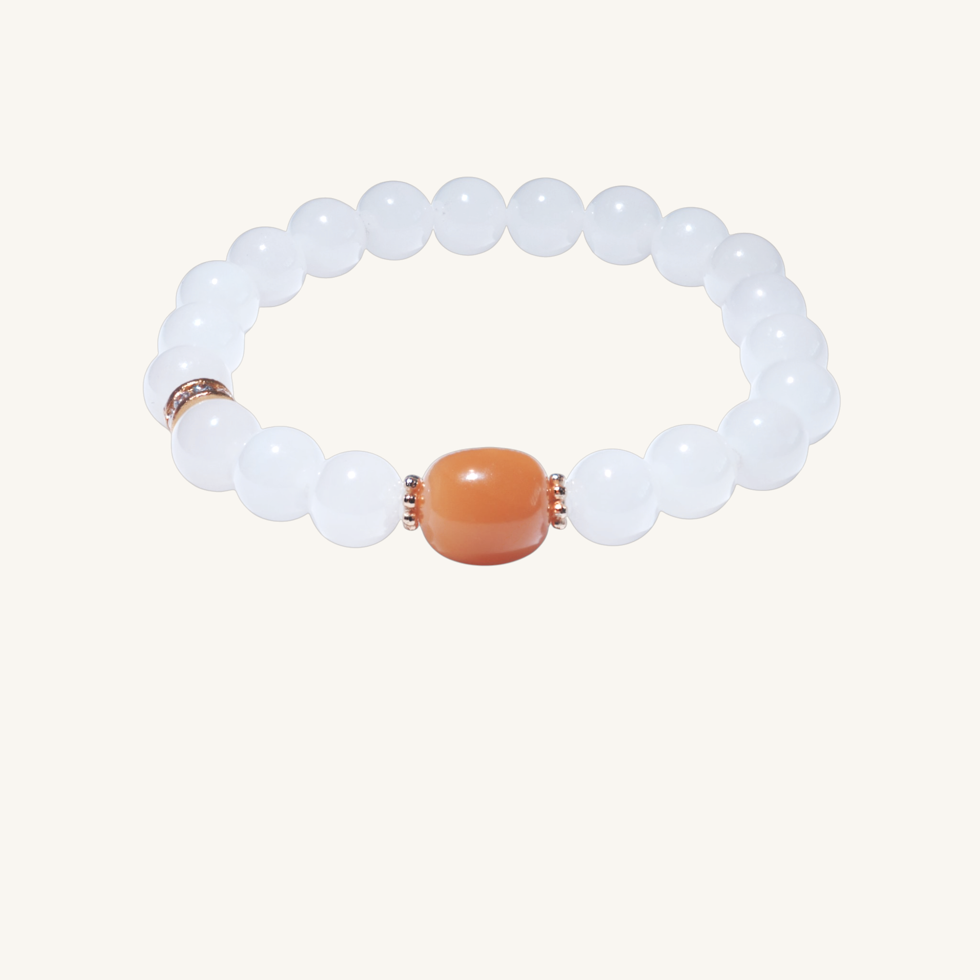 Golden Harmony – White Jade Bracelet with Natural Amber Center Bead - Sylvia Jewelry