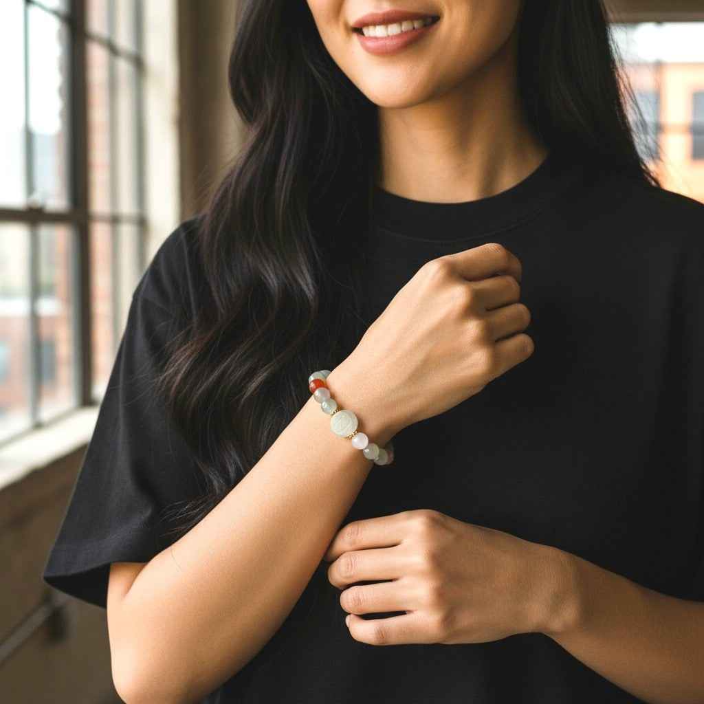 Serene Focus – Hetian Jade Bracelet with Carved Center Bead & South Red Agate Accent