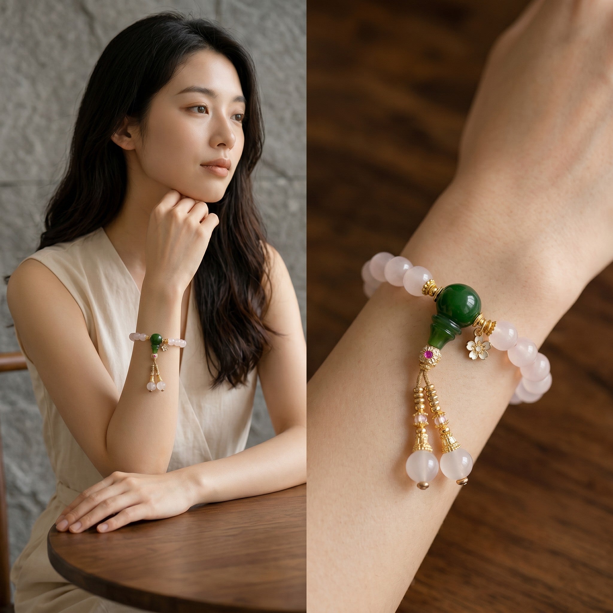 Sylvia Jewelry 浅粉色玛瑙手链,镶嵌绿色玉石和金色花朵吊坠,配有流苏。