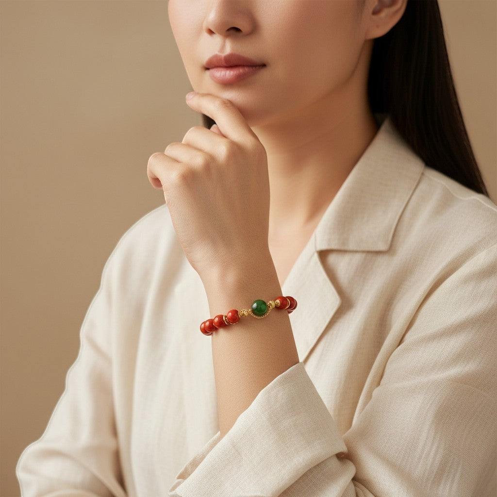 Sylvia Jewelry bracelet with red Nanhong Agate beads, a green Hetian Jade bead, and gold-plated silver spacers.
