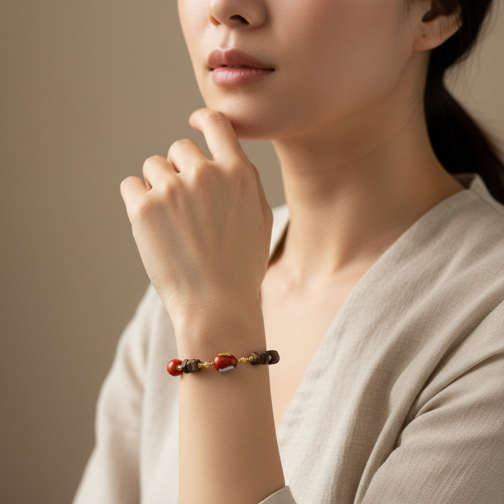 Sylvia Jewelry bracelet with red coral beads and carved wooden beads, accented with gold spacers.