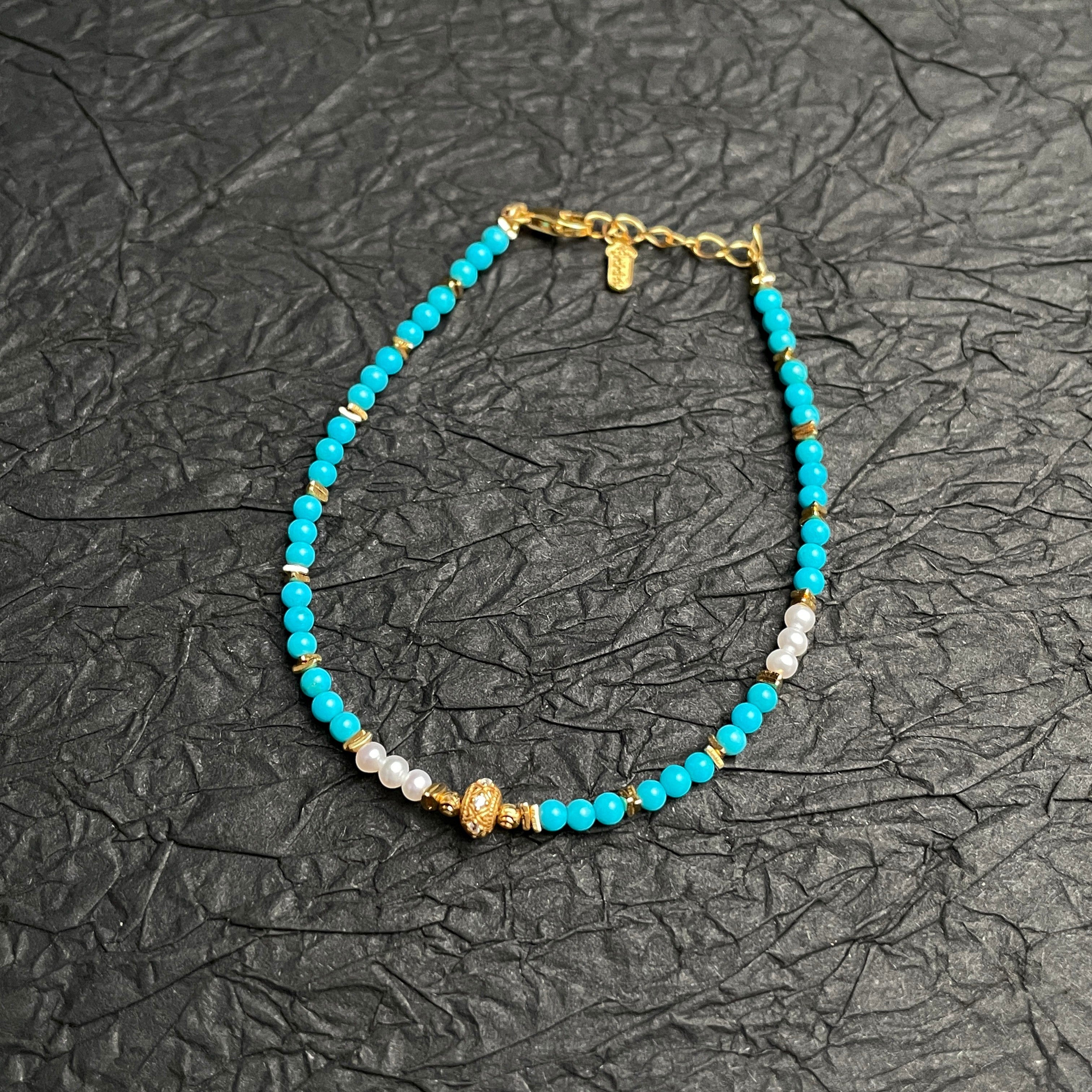 Sylvia Jewelry 蓝绿松石珍珠手链,金色镀银配件,适合日常佩戴