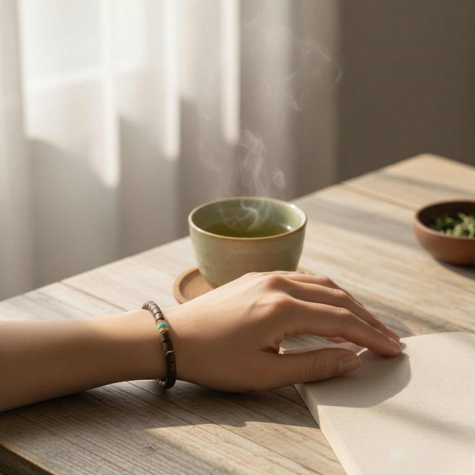 Sylvia Jewelry 木质串珠手链,饰有蓝色宝石和金色隔珠,适合日常佩戴。