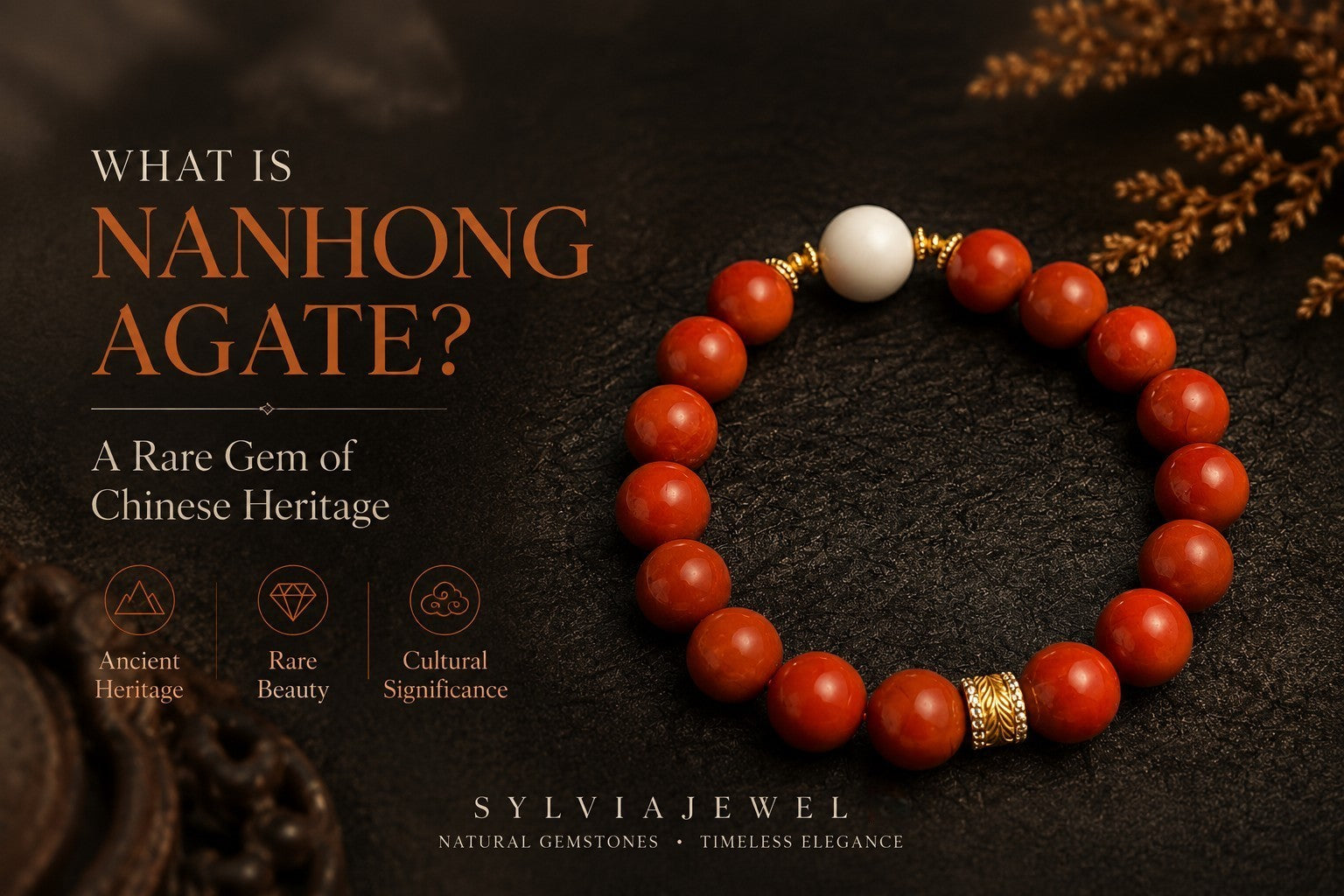 Natural red Nanhong agate bracelet with gold accents, a rare gemstone from China featured by SylviaJewel