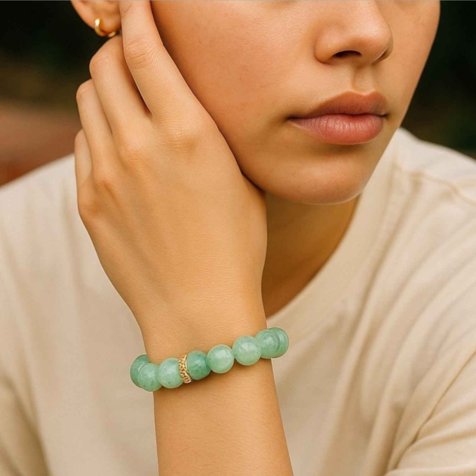 African Green Jade Beaded Bracelet with Gold-Tone Charm