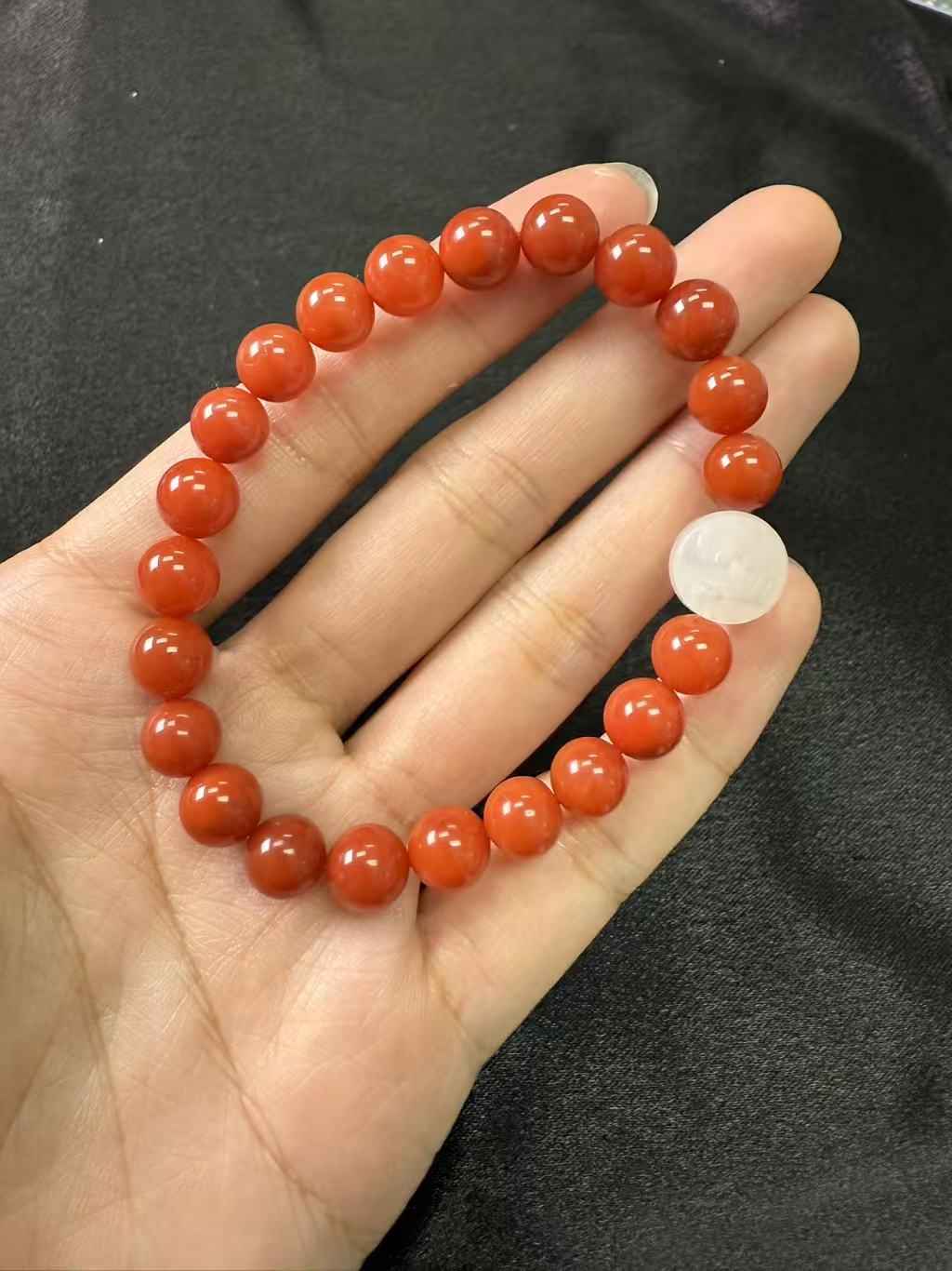 South Red Agate（南红）Bracelet with White Hetian Jade Accent