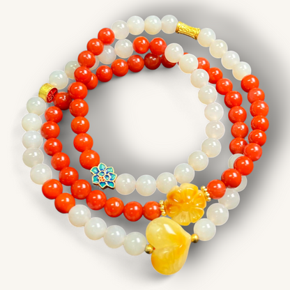 南红·白玉·蜜蜡多圈手串 | Jade & Amber Multi-Layer Bracelet