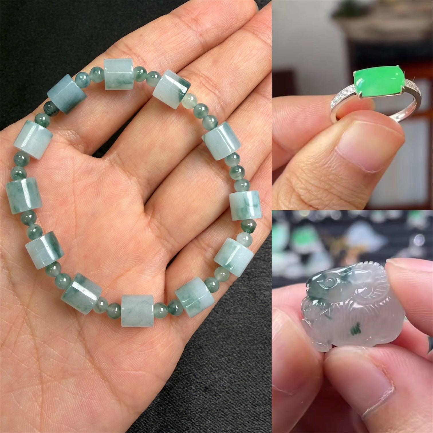 Collage of jade bracelet, ring, and carvings held in hands.