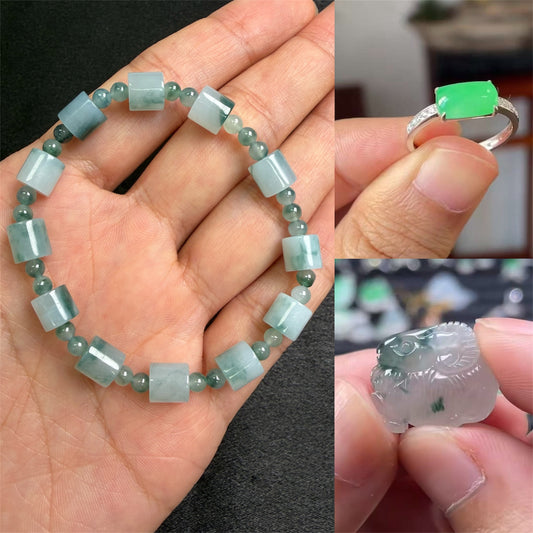 Collage of jade bracelet, ring, and carvings held in hands.