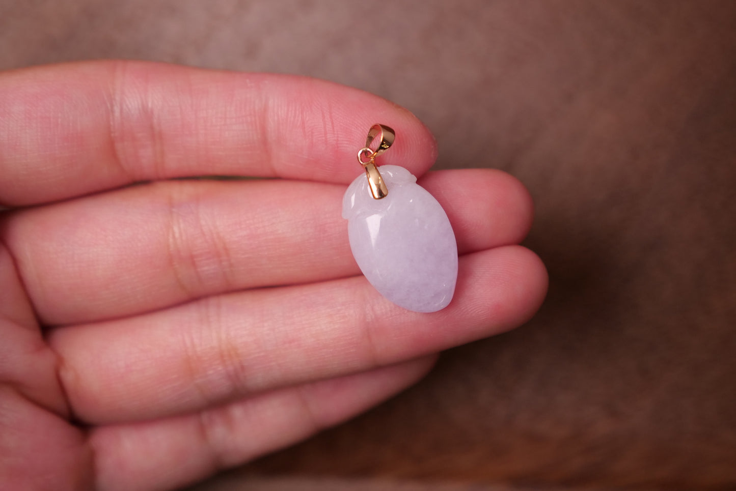 Lavender Jade Peach Pendant: Natural Jadeite with 18K Gold Bail