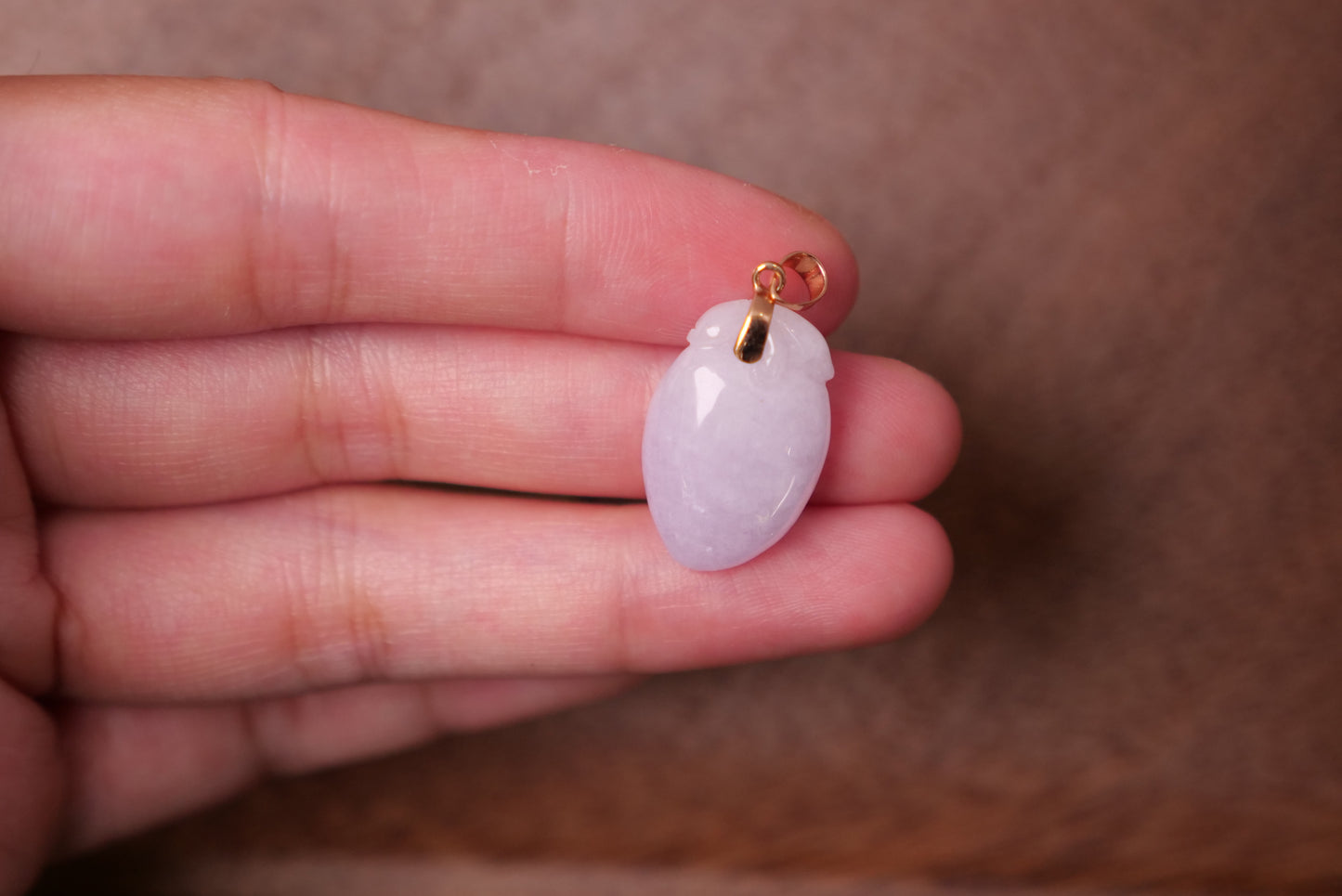 Lavender Jade Peach Pendant: Natural Jadeite with 18K Gold Bail