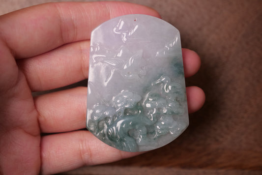 Bird and Tree Pendant: Hand-Carved Icy Green Jadeite