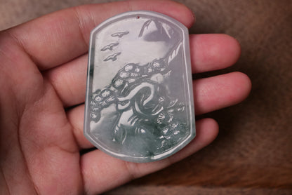 Bird and Tree Pendant: Hand-Carved Icy Green Jadeite