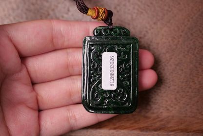 Dark Green Jade Pendant: Hand-Carved Dragon and Phoenix Design