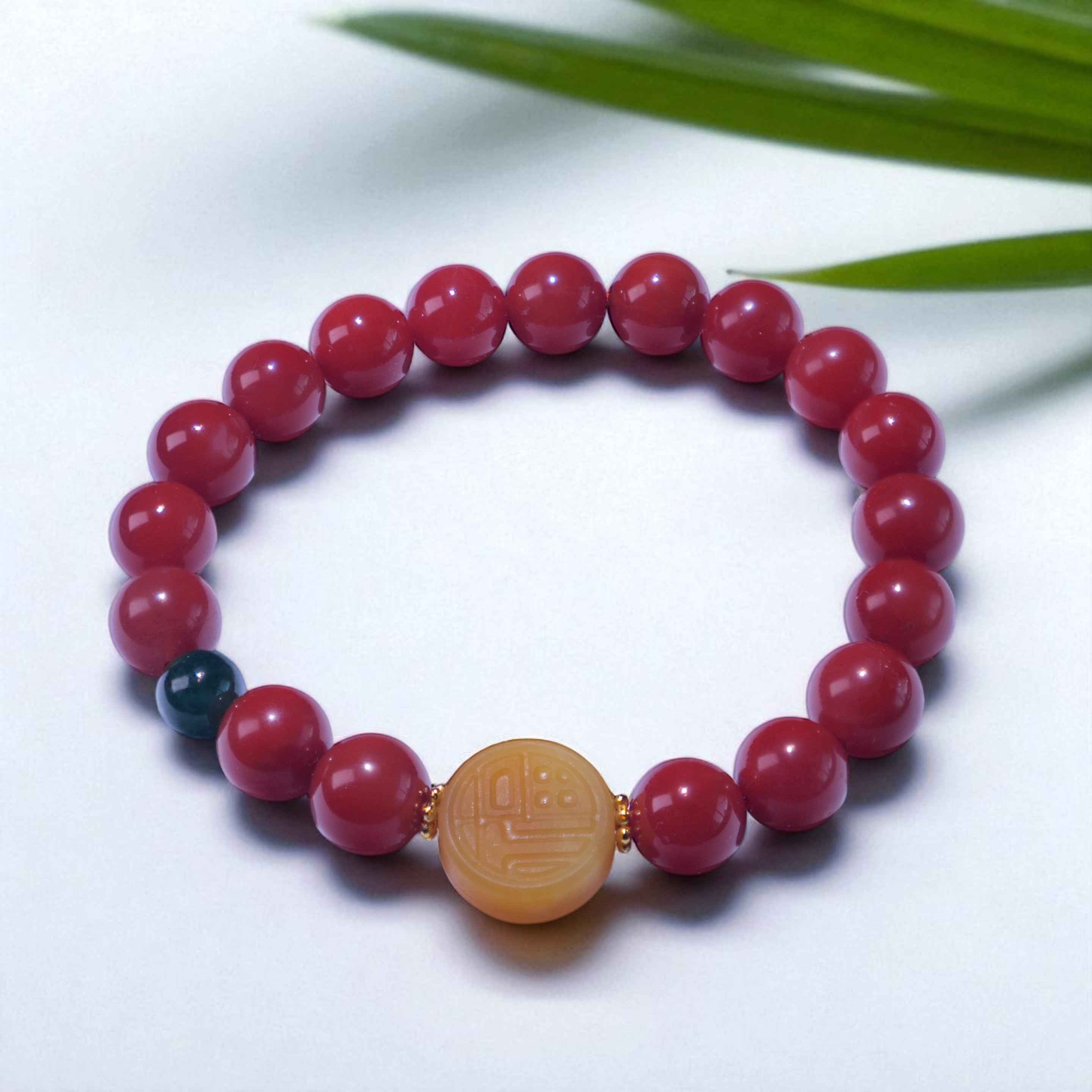 Natural South Red Agate Bracelet with Yellow Jade Center Bead