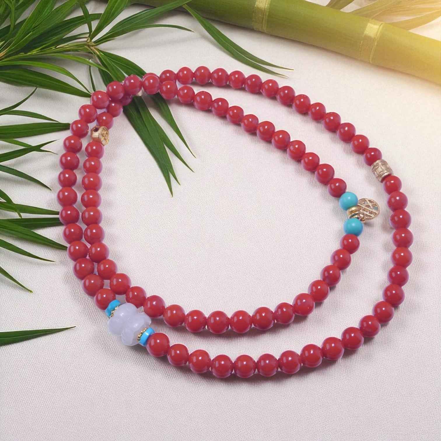 Ignite the Spirit – South Red Agate Mala with Turquoise Accents & White Jade Charm