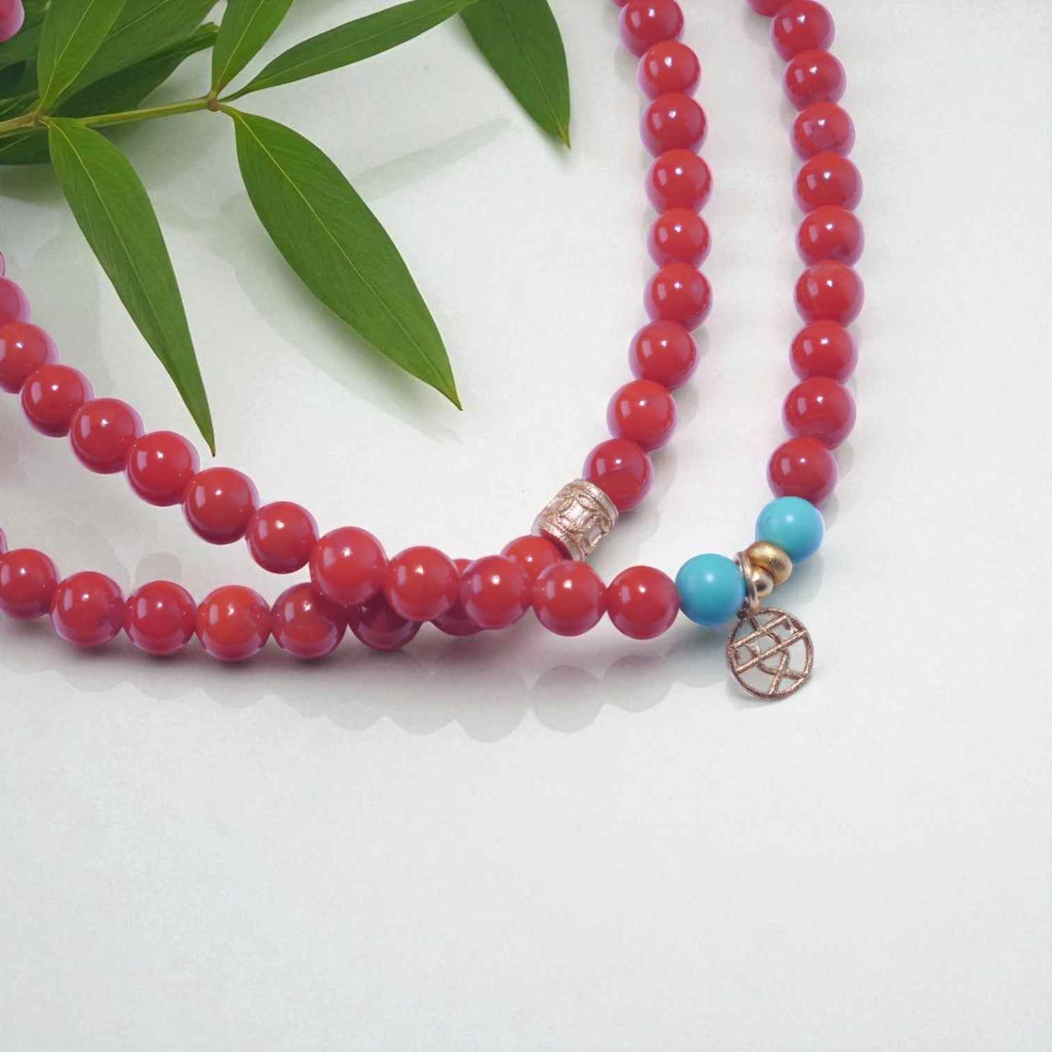 Ignite the Spirit – South Red Agate Mala with Turquoise Accents & White Jade Charm