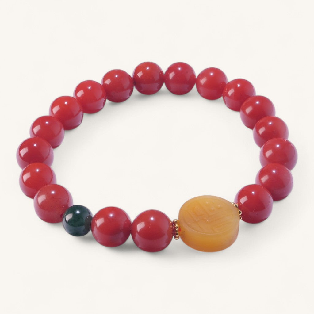 Natural South Red Agate Bracelet with Yellow Jade Center Bead – Root Chakra Healing