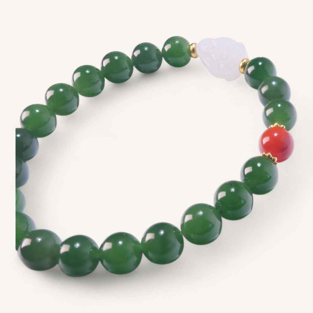 Hetian Green Jade Bracelet with South Red Agate (Nanhong) & White Jade Buddha