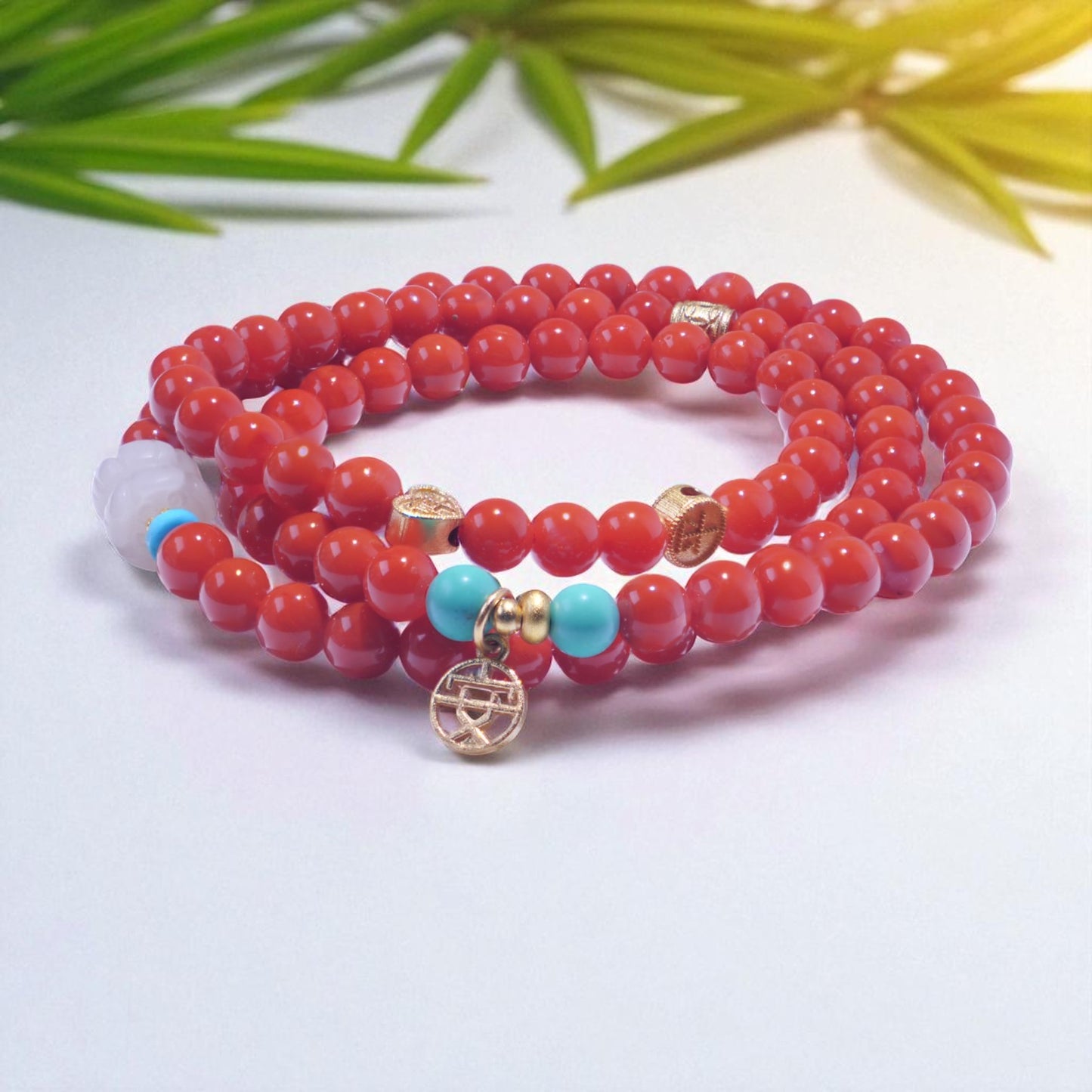 Ignite the Spirit – South Red Agate Mala with Turquoise Accents & White Jade Charm