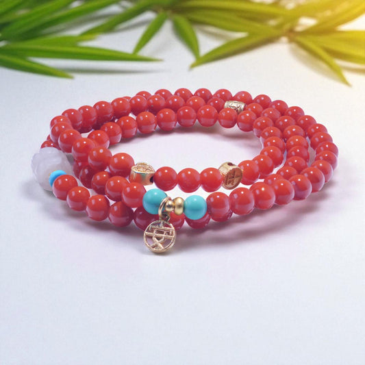 Ignite the Spirit – South Red Agate Mala with Turquoise Accents & White Jade Charm