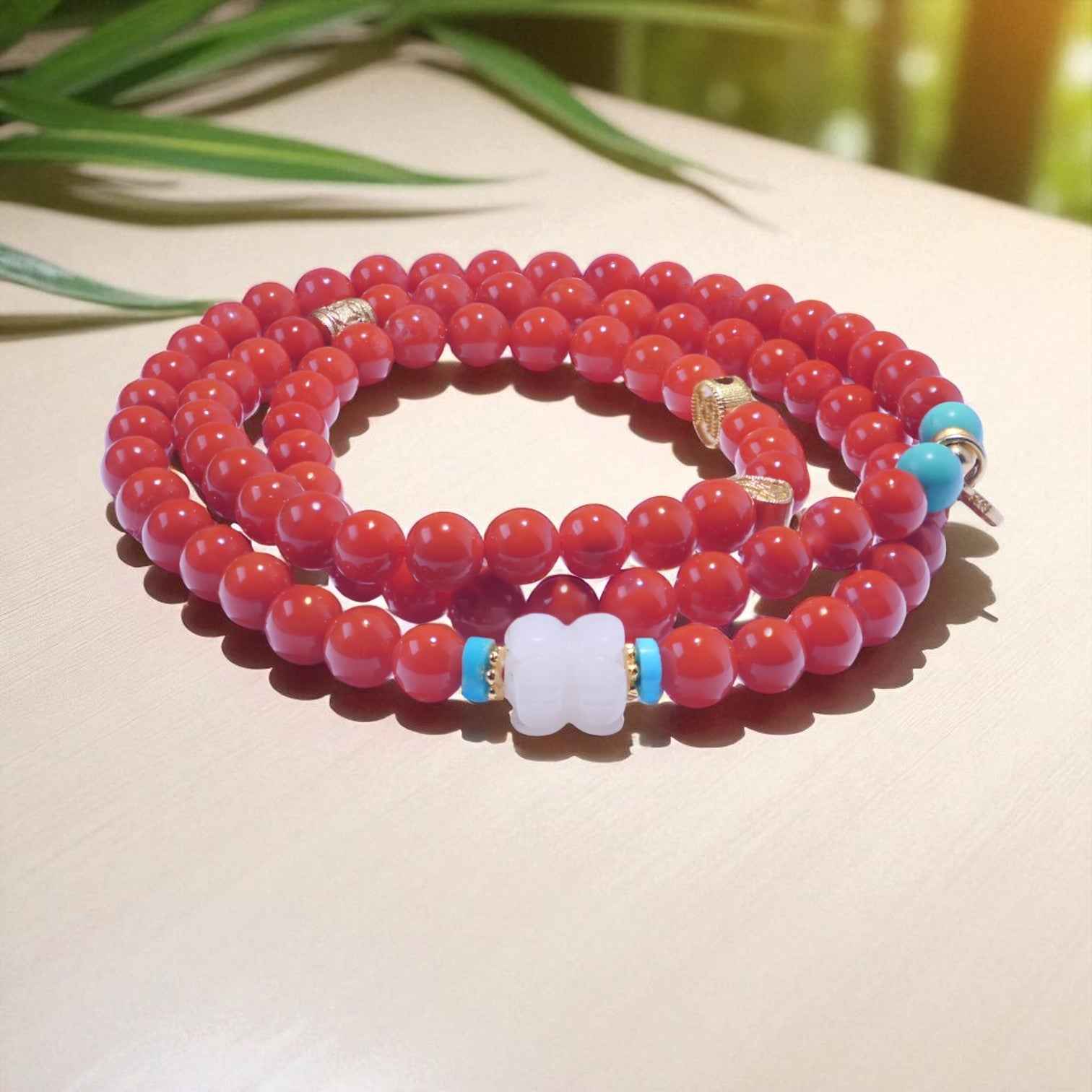 Ignite the Spirit – South Red Agate Mala with Turquoise Accents & White Jade Charm