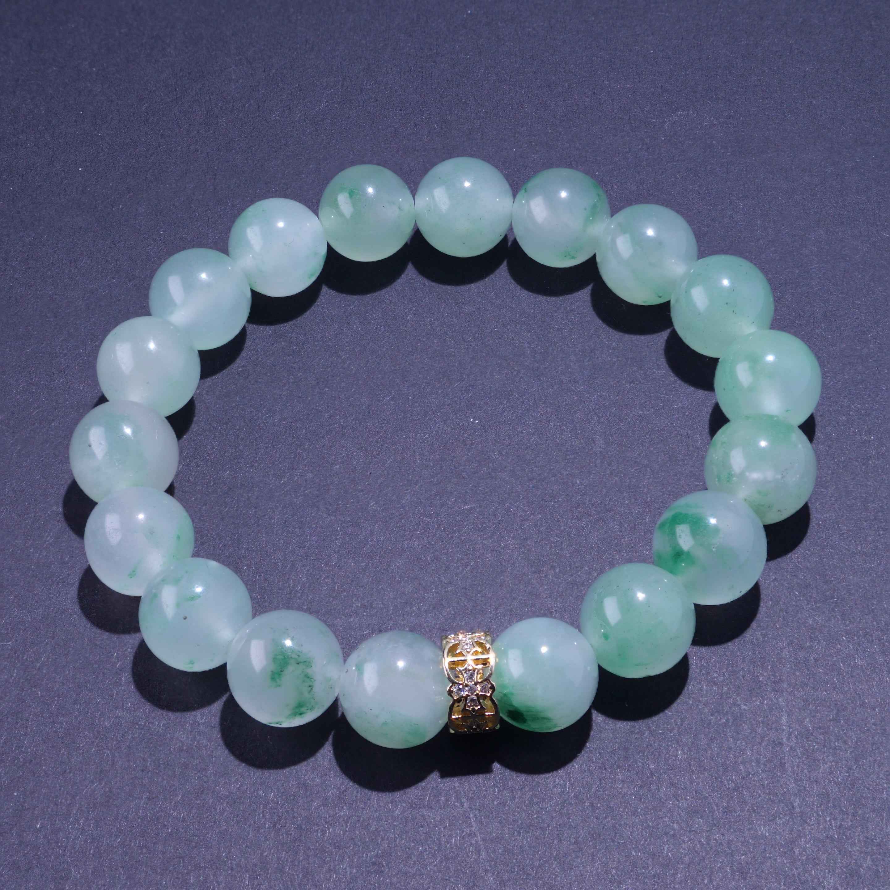 African Green Jade Beaded Bracelet with Gold-Tone Charm
