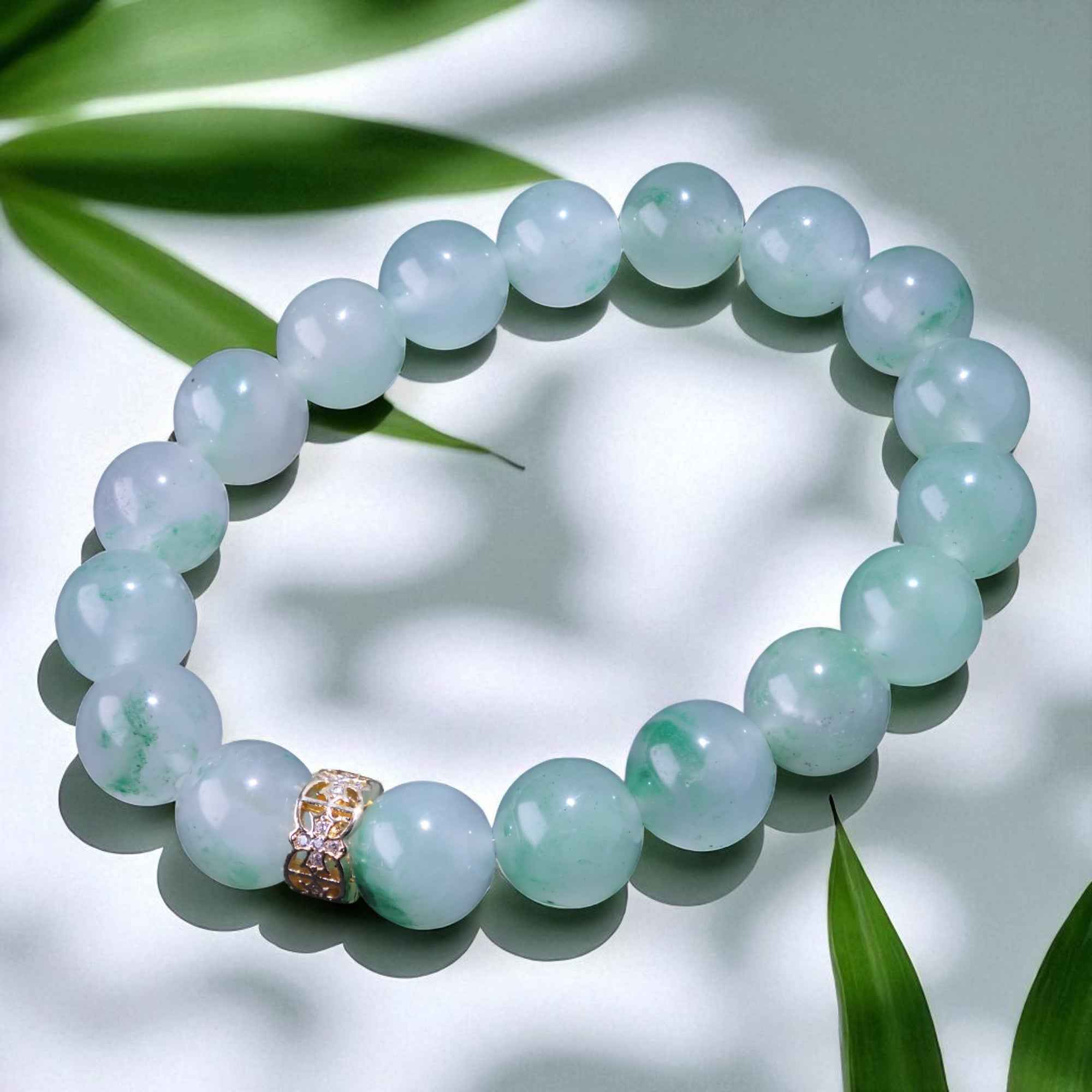 African Green Jade Beaded Bracelet with Gold-Tone Charm