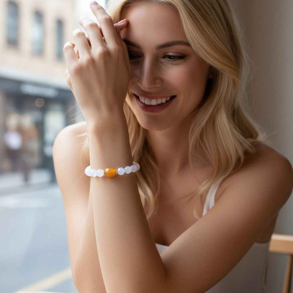 Golden Harmony – White Jade Bracelet with Natural Amber Center Bead