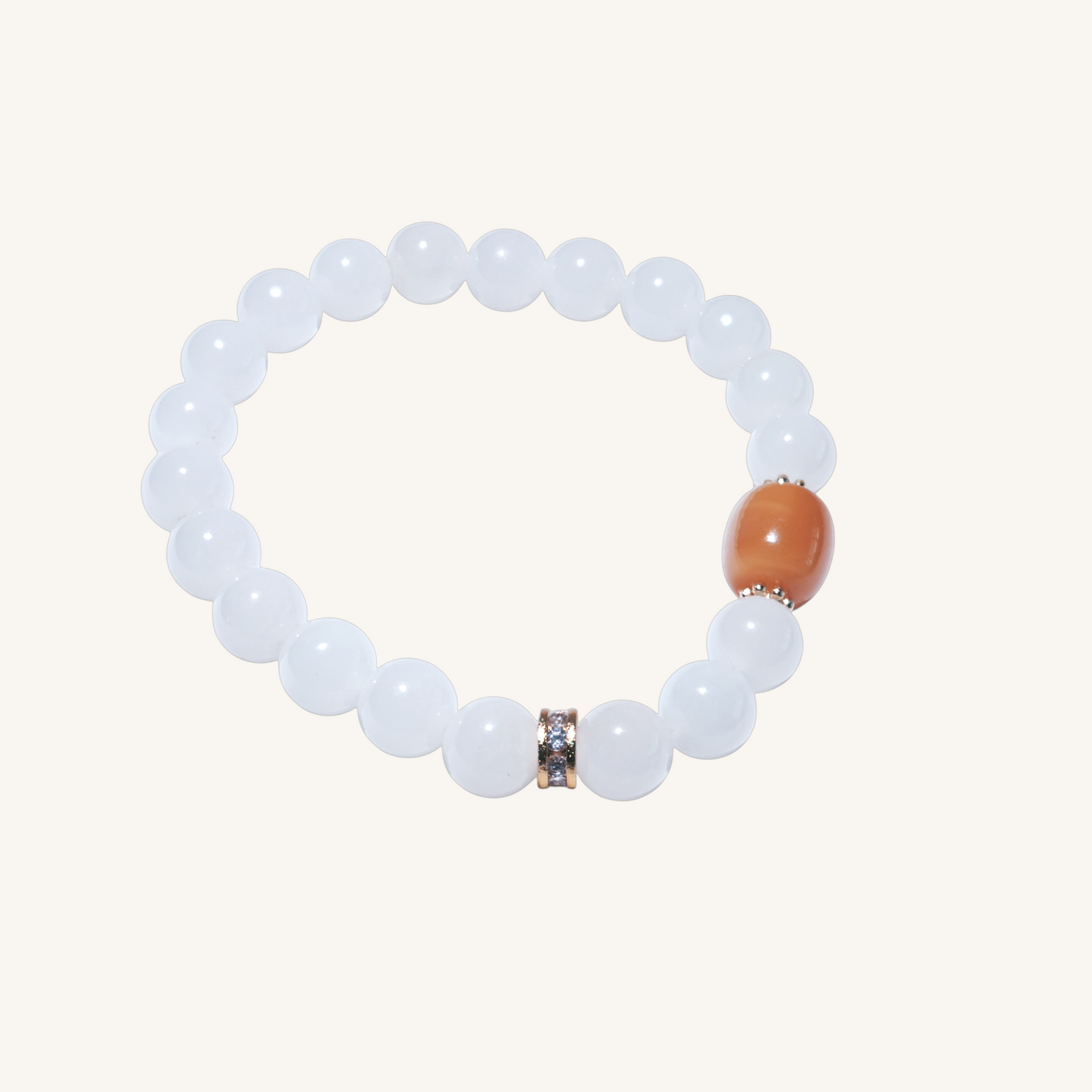 Golden Harmony – White Jade Bracelet with Natural Amber Center Bead