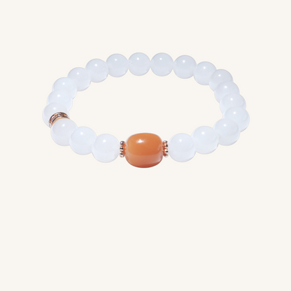 Golden Harmony – White Jade Bracelet with Natural Amber Center Bead