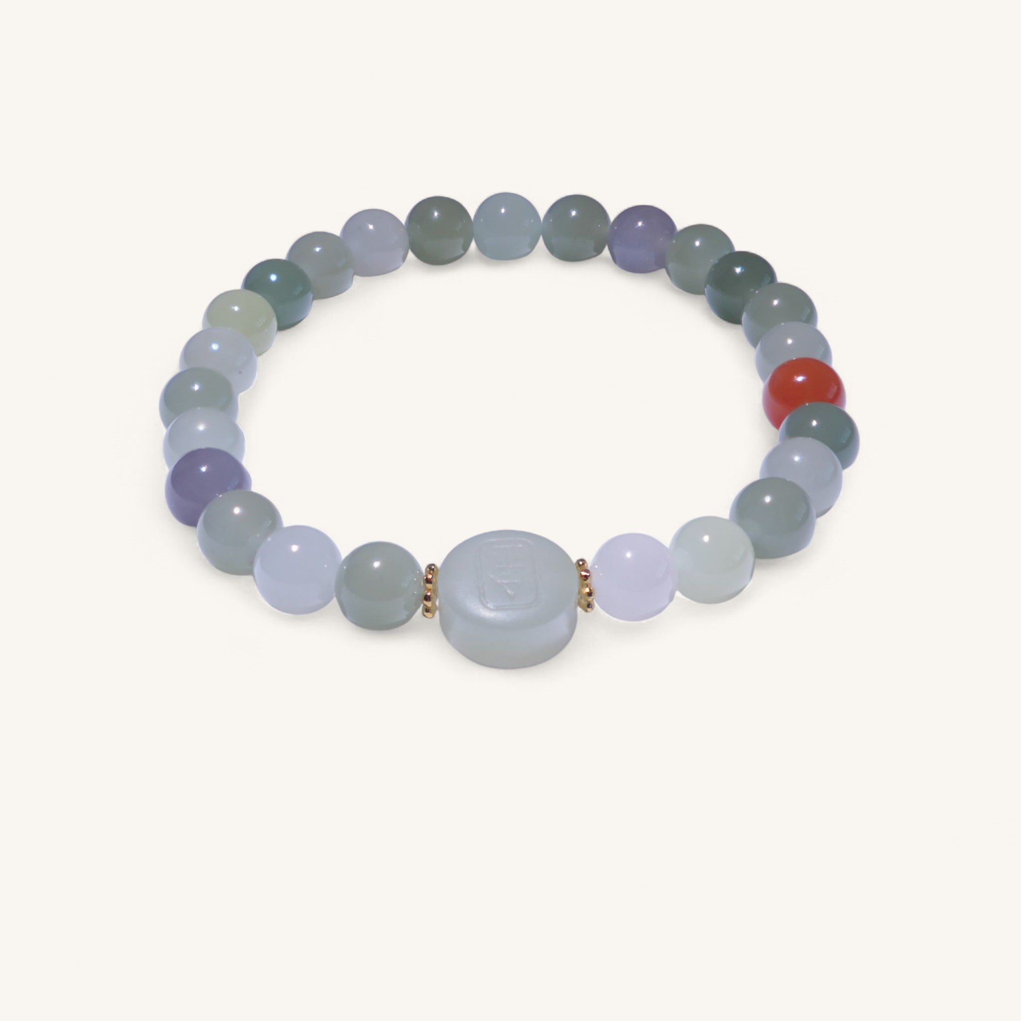 Serene Focus – Hetian Jade Bracelet with Carved Center Bead & South Red Agate Accent - Sylvia Jewelry