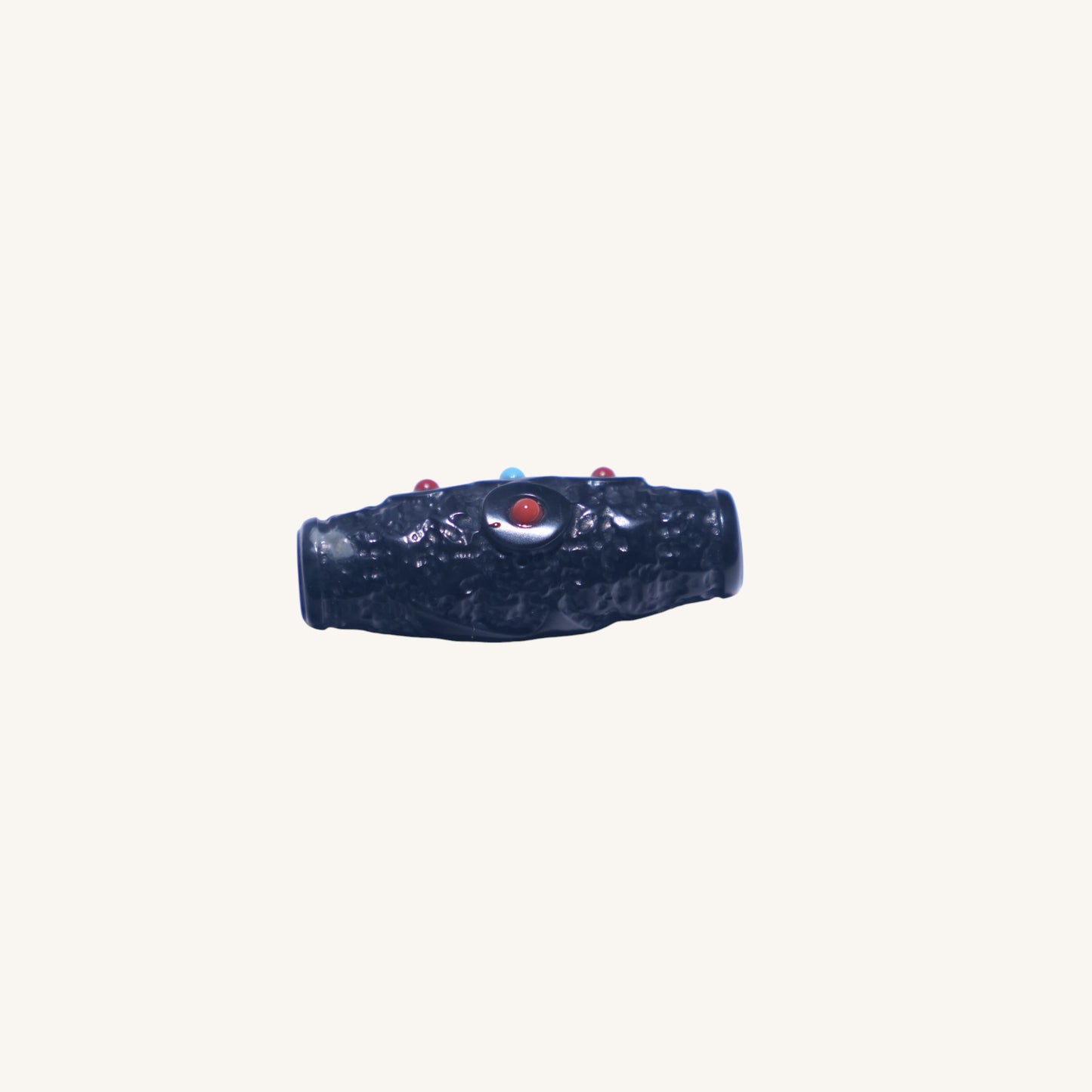 Mystic Core – Carved Black Jade（黑色和田玉）Tube Bead with South Red Inlay