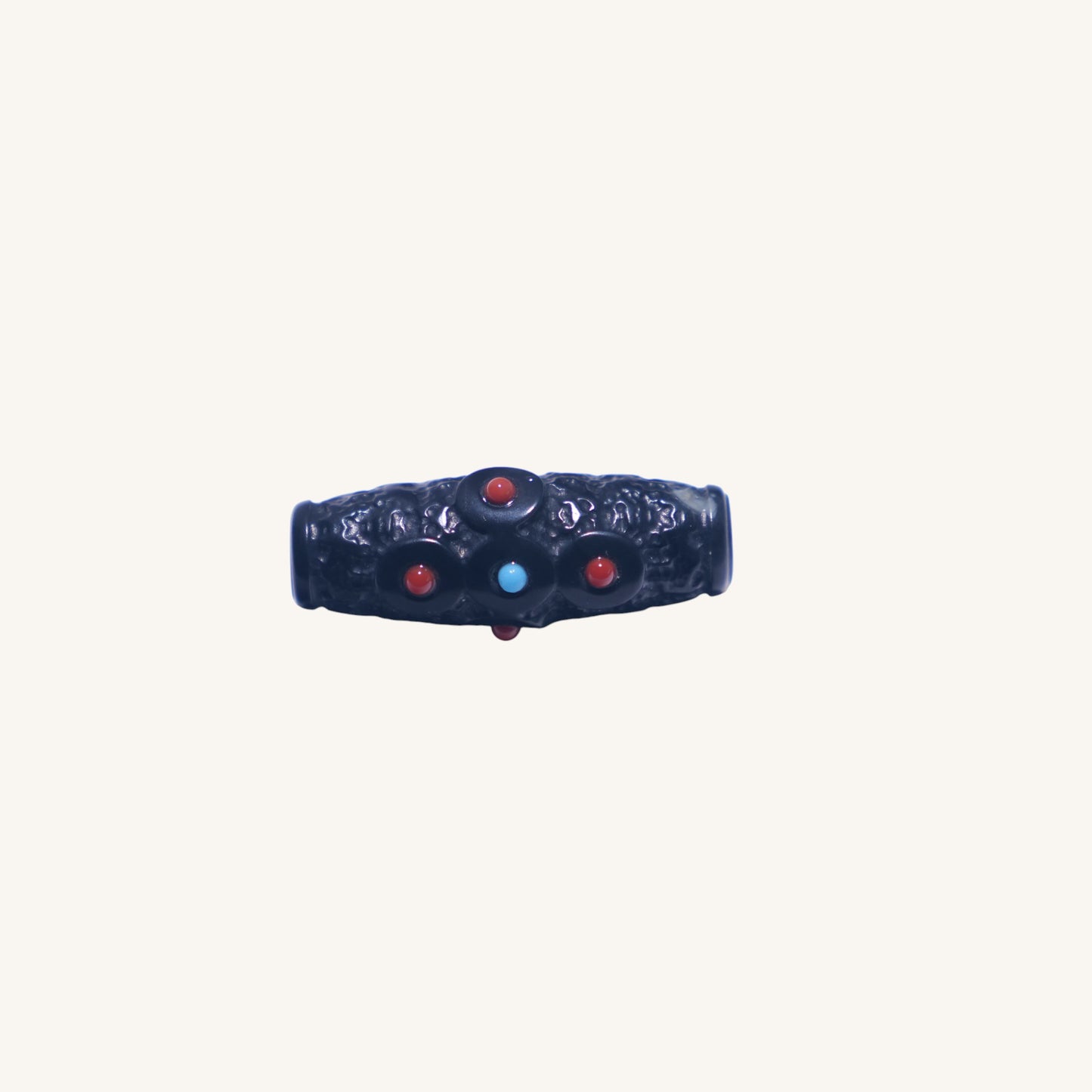 Mystic Core – Carved Black Jade（黑色和田玉）Tube Bead with South Red Inlay