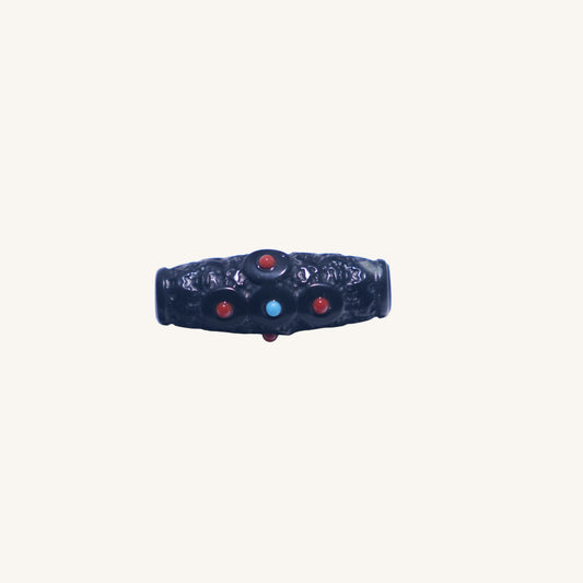 Mystic Core – Carved Black Jade（黑色和田玉）Tube Bead with South Red Inlay