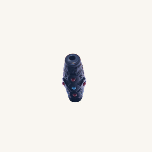 Mystic Core – Carved Black Jade（黑色和田玉）Tube Bead with South Red Inlay