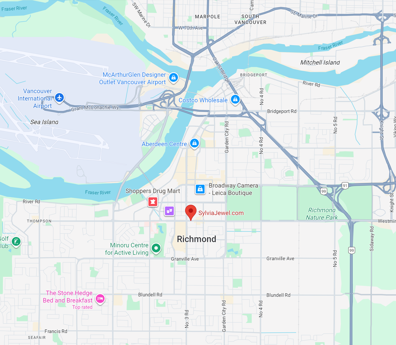 SylviaJewel jade jewelry studio location in Richmond Vancouver, Canada - 温哥华和田玉翡翠珠宝工作室地图