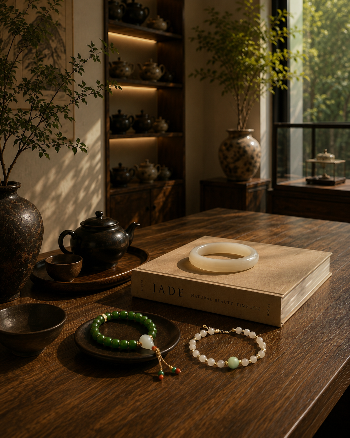 Jade bracelets on a book with a teapot and cups on a wooden table, in a room with plants and shelves.