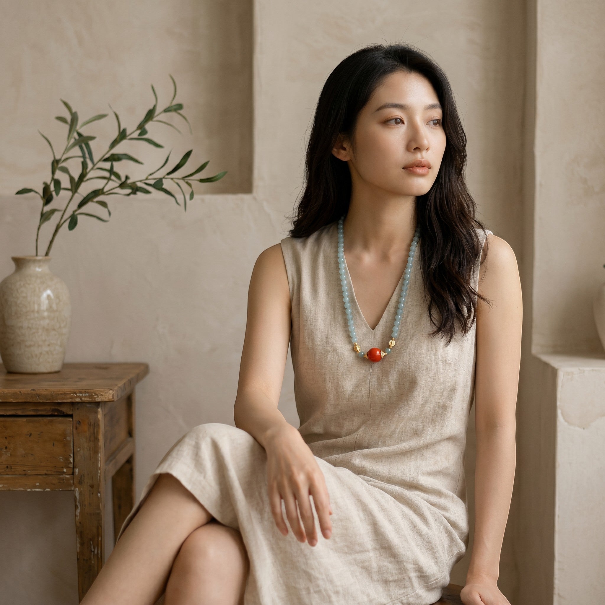 Sylvia Jewelry 浅蓝色珠子项链，中间有一颗醒目的橙红色珠子，金色配件点缀