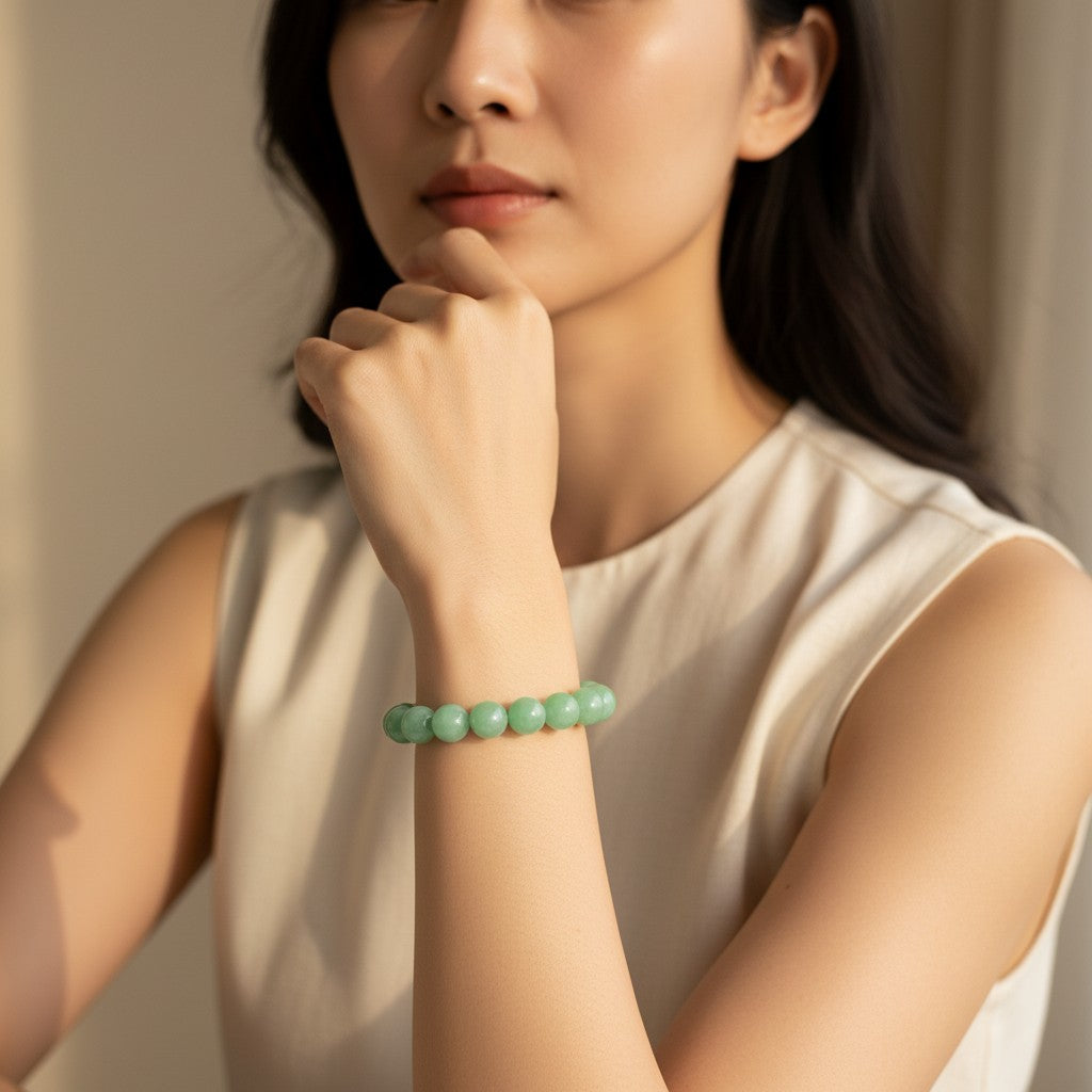 Sylvia Jewelry light green jade beaded bracelet on a black textured background.