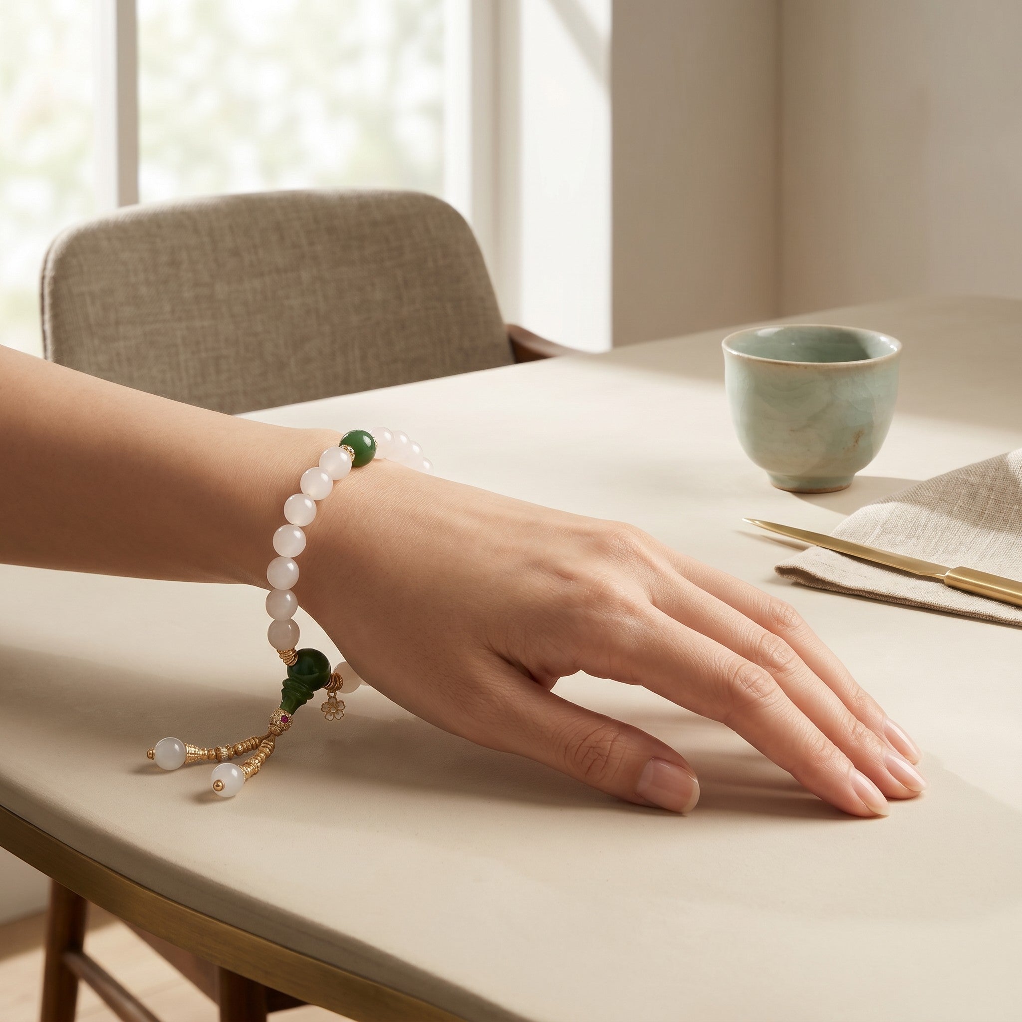 Sylvia Jewelry Spring Blossom Tassel bracelet with white jade beads, green jade centerpiece, 18K gold accents, and tassel.